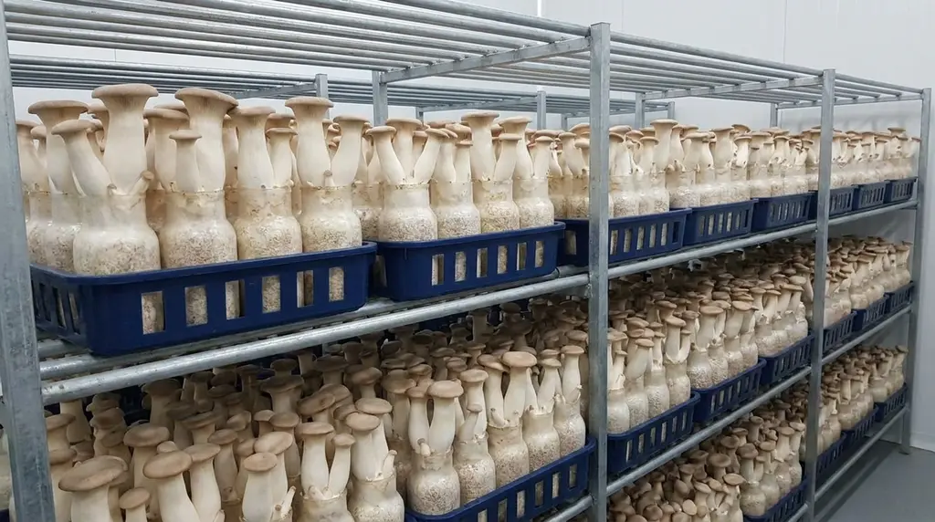 Eryngii-paddenstoelen groeien uit flessen in blauwe kratten op rekken
