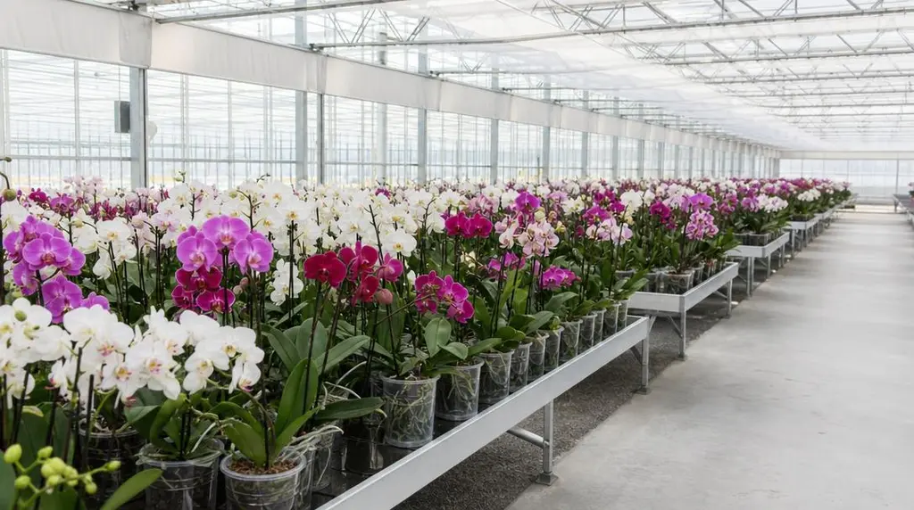Bloeiende orchideeën in verschillende kleuren op teeltafels in een lichte kas