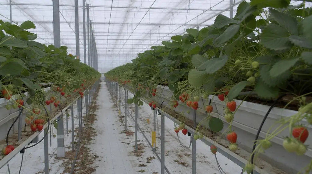 Aardbeien in hangende goten in een tunnel